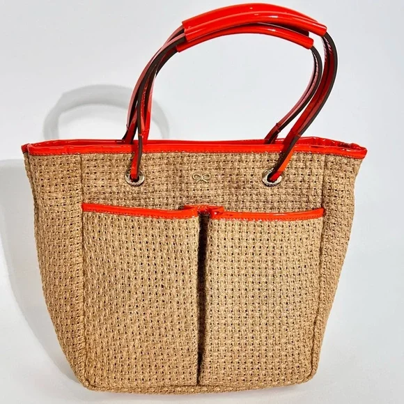 Anya Hindmarch Orange Patent Leather Trim Woven Beach Tote - Picture 3 of 13